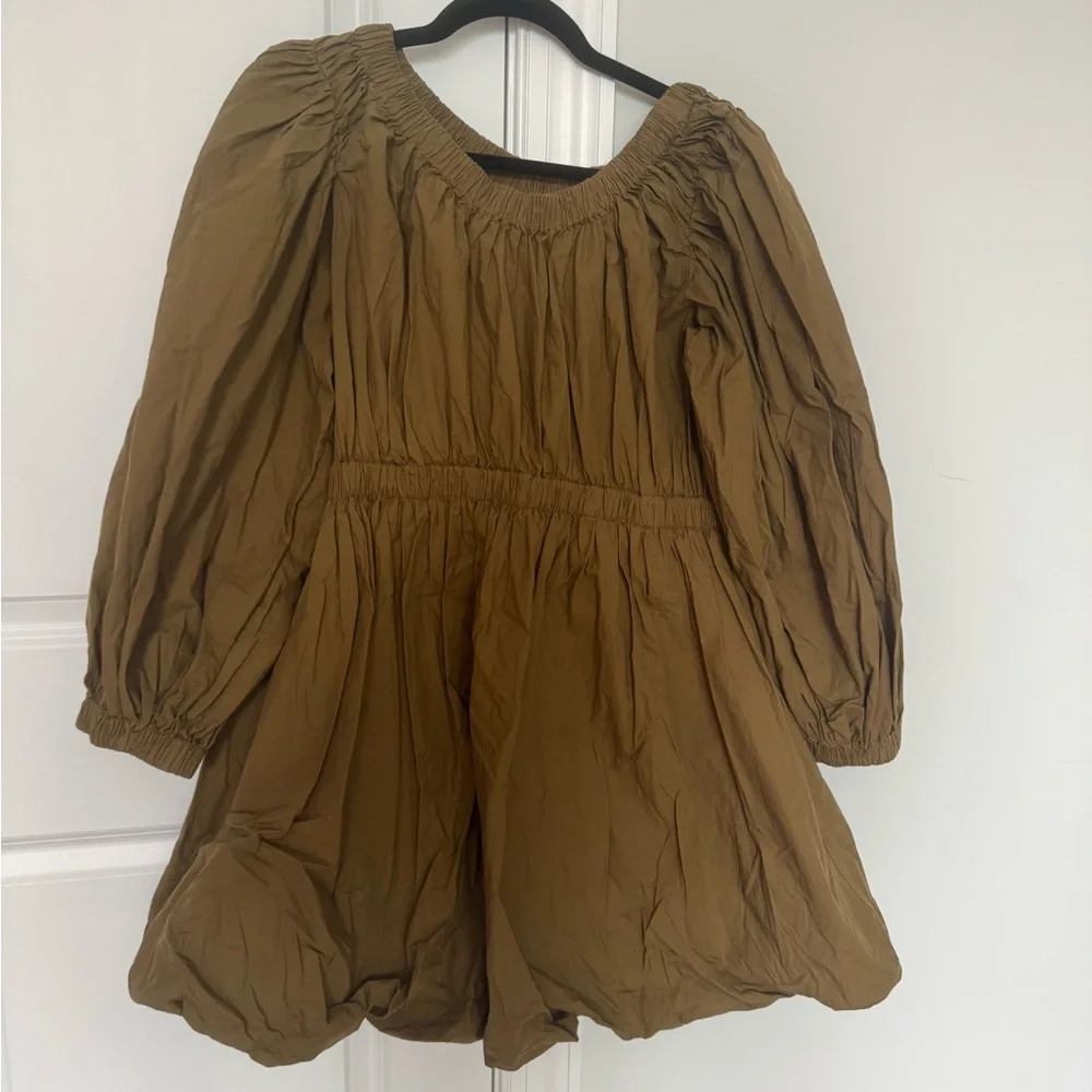 ULLA JOHNSON Martine Bubble Minidress 
Off-Shoulder Olive Green Dress - Picture 4 of 6